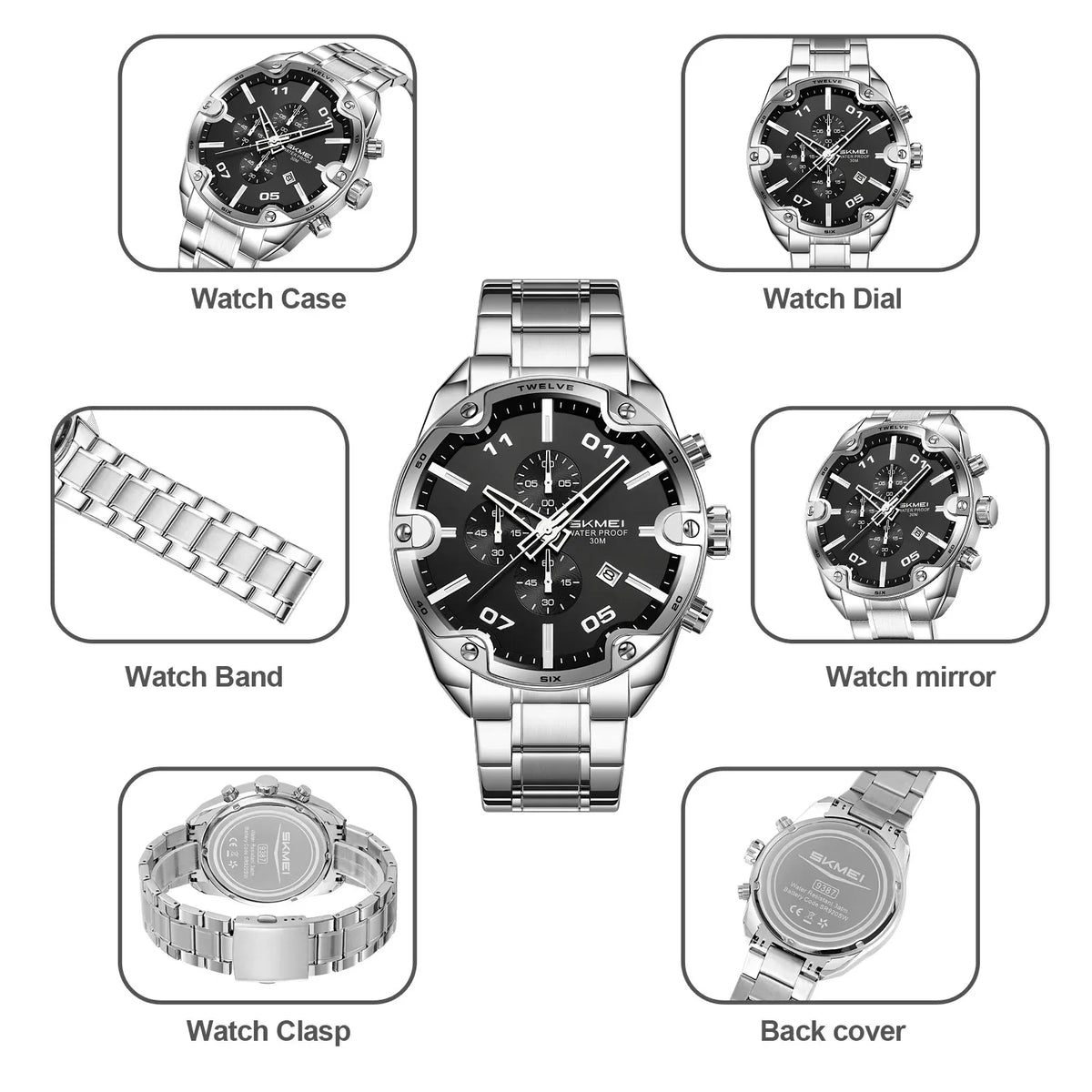 Reloj de lujo para hombre SKMEI 9387, reloj de pulsera de negocios, reloj de cuarzo casual a la moda, cronógrafo de acero inoxidable resistente al agua con fecha