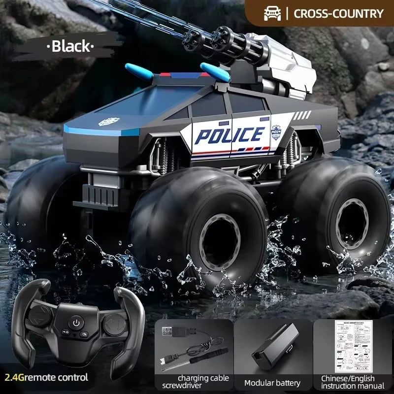 Coche RC anfibio todoterreno plateado tipo policía con franja azul y ruedas grandes