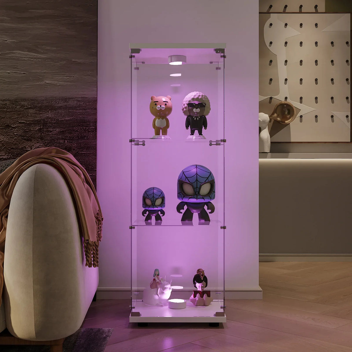 Vitrina de cristal Anajqaqia 125x42x36cm con luz LED, cerradura y puerta, vitrina de colección de 3 niveles para sala de estar, blanca