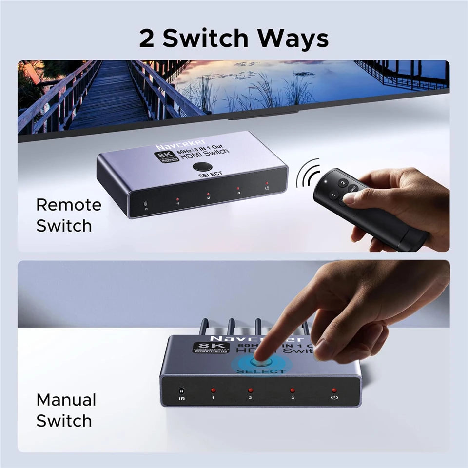 Conmutador HDMI 2.1 Navceker 8K 4K 240Hz, 3 Entradas 1 Salida, Divisor HDMI 3x1 con Control Remoto para Laptop, PC, PS5, Monitor, Xbox, TV