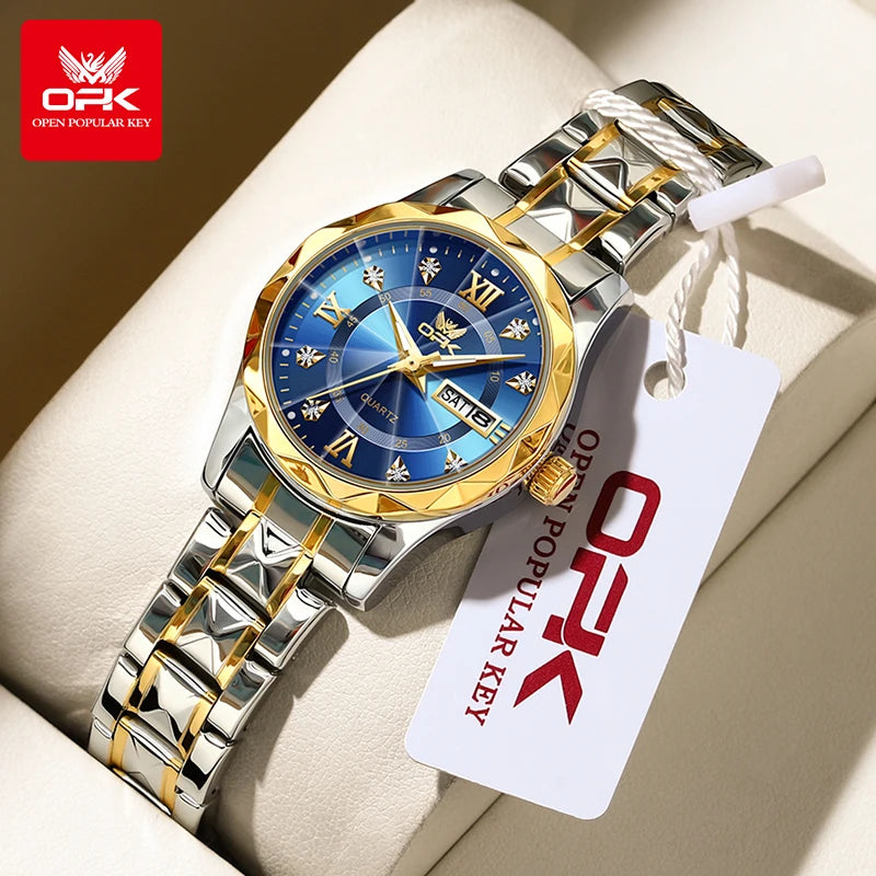 Reloj de mujer OLEVS 6023, reloj de pulsera de lujo para mujer, color dorado, con fecha y día, de acero inoxidable, resistente al agua, de cuarzo