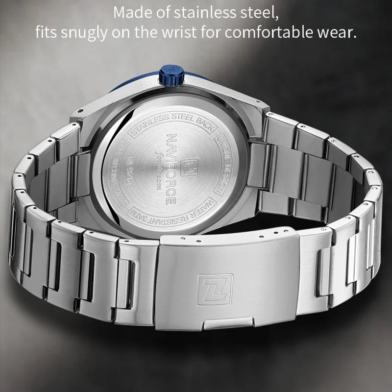 Reloj de pulsera para hombre NAVIFORCE NF9268 de acero inoxidable, resistente al agua 3ATM, diseño sencillo y moderno con manecillas luminosas y calendario.