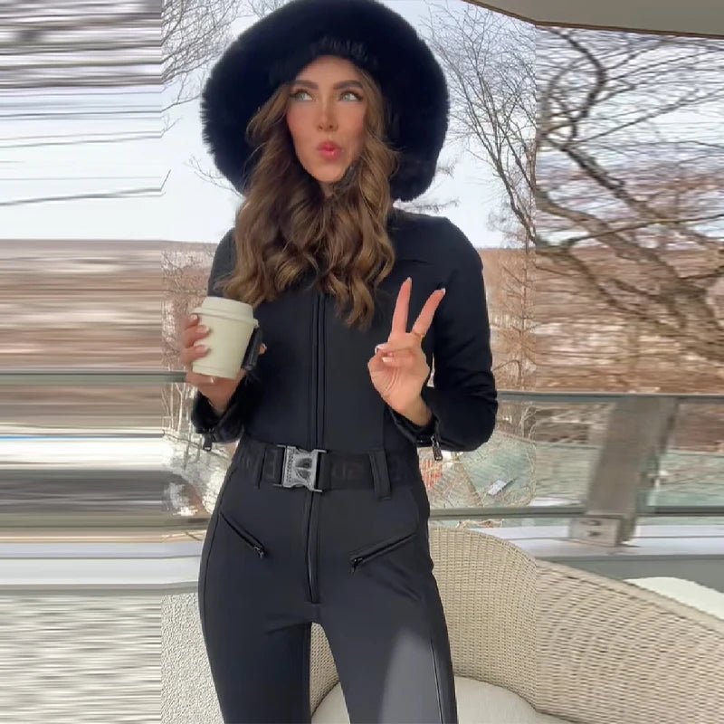 Traje de esquí informal con capucha y cintura ceñida, mono grueso y cálido a prueba de viento de manga larga para mujer, mono de nieve de Boutique a la moda