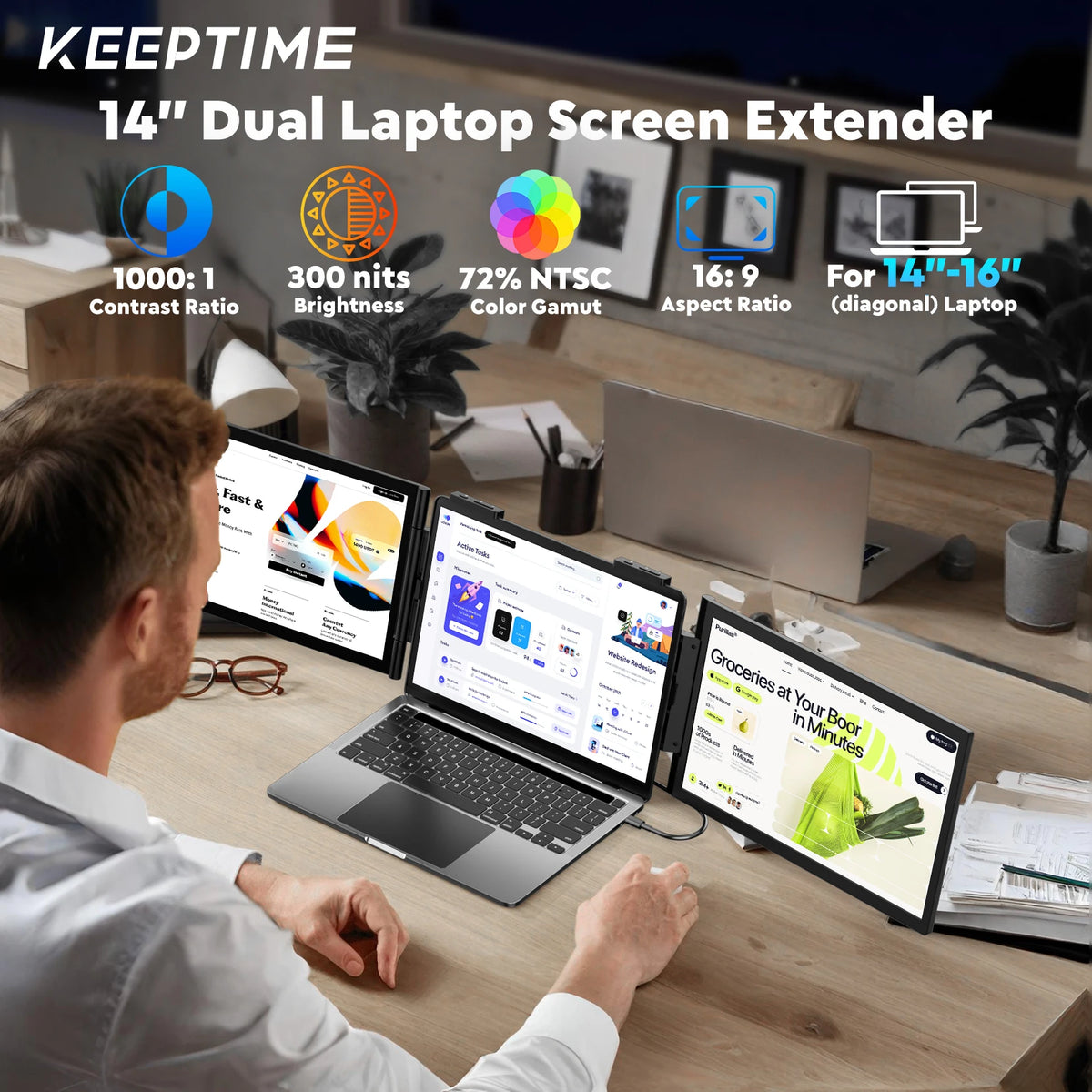 Amoudo 1920*1080P 60HZ Monitor Triple para Laptop de 14 Pulgadas, Monitor Portátil IPS con Puerto USB-C para Laptops de 14-16.5" Windows/Mac Xbox, Monitor Portátil Triple para Laptop