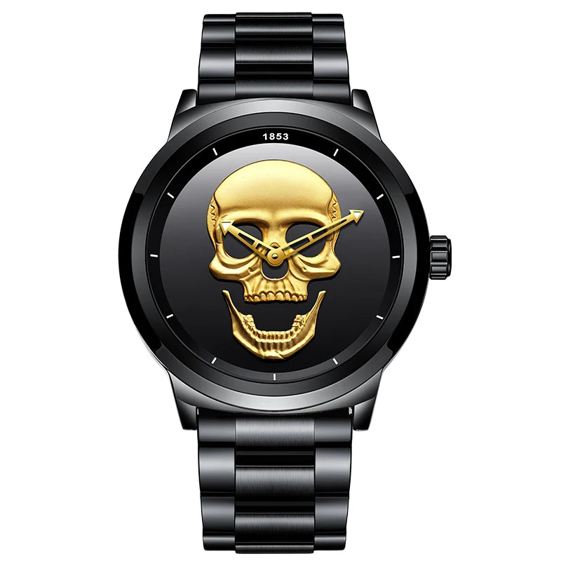 Reloj de cuarzo LIGE de marca de lujo para hombre, diseño creativo de calavera 3D esqueleto, acero inoxidable, deportivo, informal, resistente al agua + caja