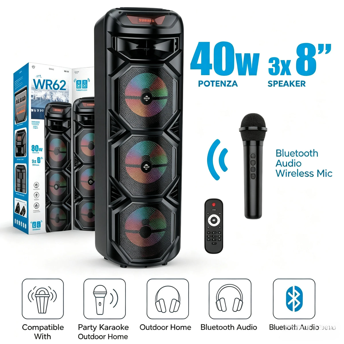 Altavoz Bluetooth Inalámbrico de 40W, Sistema de Karaoke con Bajos Profundos de 3x8 Pulgadas, Micrófono Inalámbrico, Luz RGB, Recargable, Caja de Sonido para Fiestas al Aire Libre