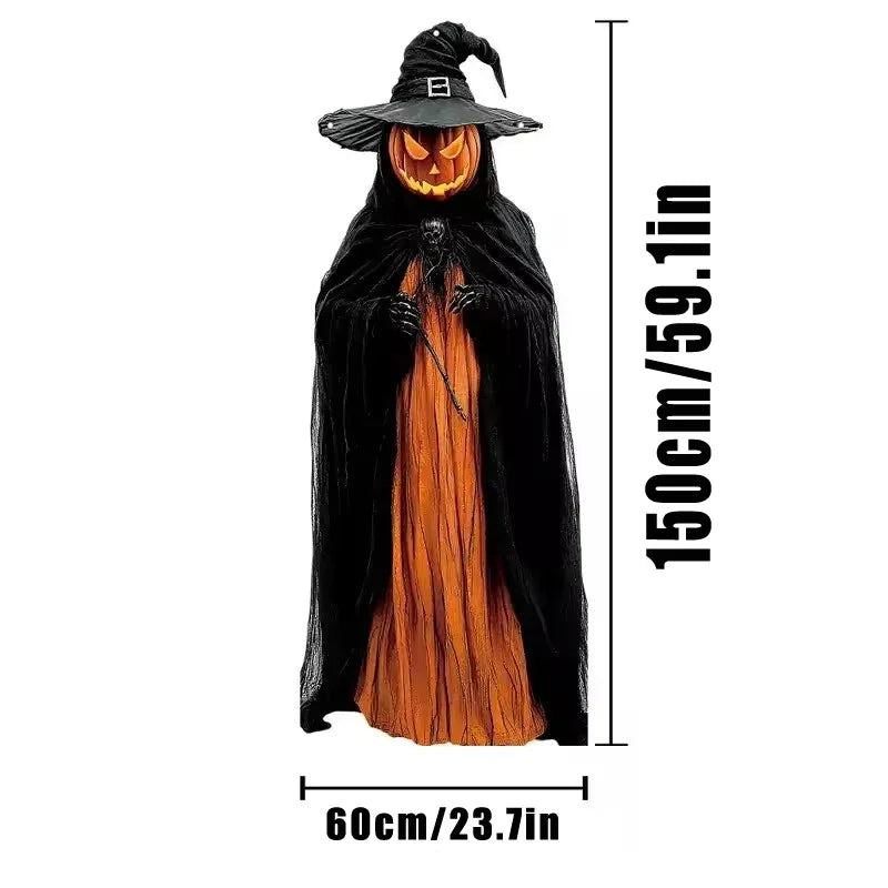 Decoración de Halloween con forma de cabeza de calabaza y capa de bruja, estatua de bruja con calabaza encendida, sombrero negro y capa, adorno festivo espeluznante para el hogar.
