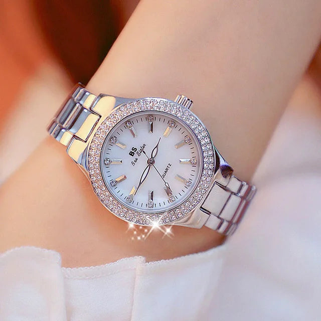 Relojes de pulsera para mujer, reloj de vestir dorado, reloj con diamantes de cristal, relojes de acero inoxidable plateados para mujer, Montre Femme