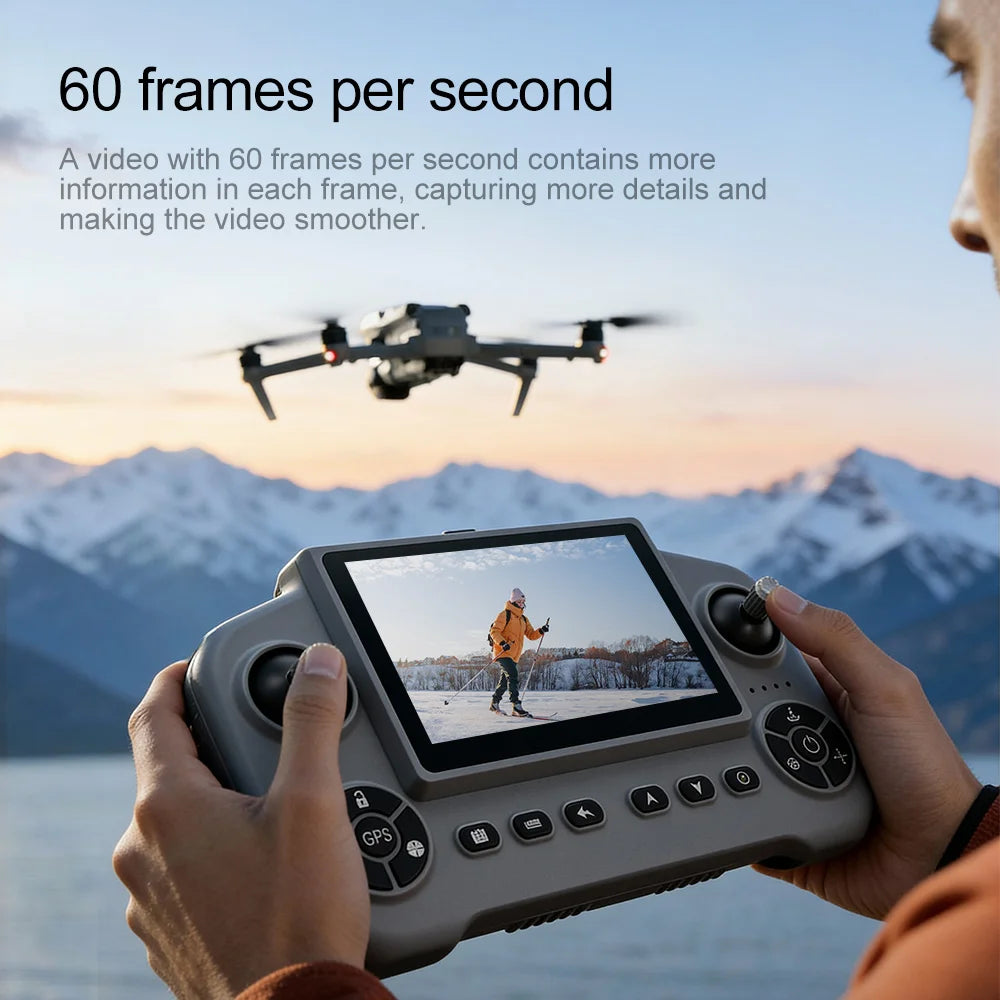 Control remoto gris con pantalla y dron plegable en vuelo, vista sobre manos
