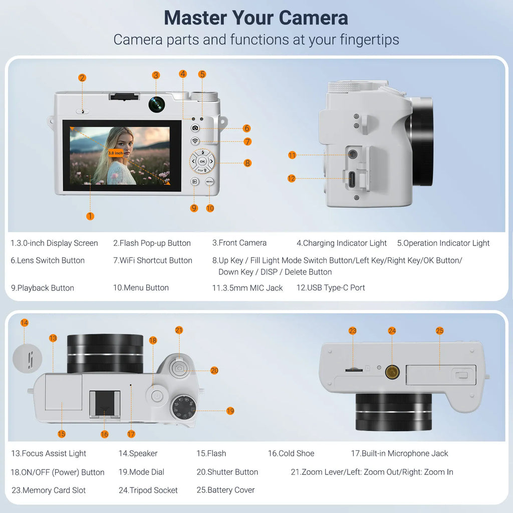 Videocámara Digital 4K HD, cámaras duales, 75MP, Zoom 18X, pantalla de 3,0 pulgadas, enfoque automático AF, antivibración con linterna para fotografía
