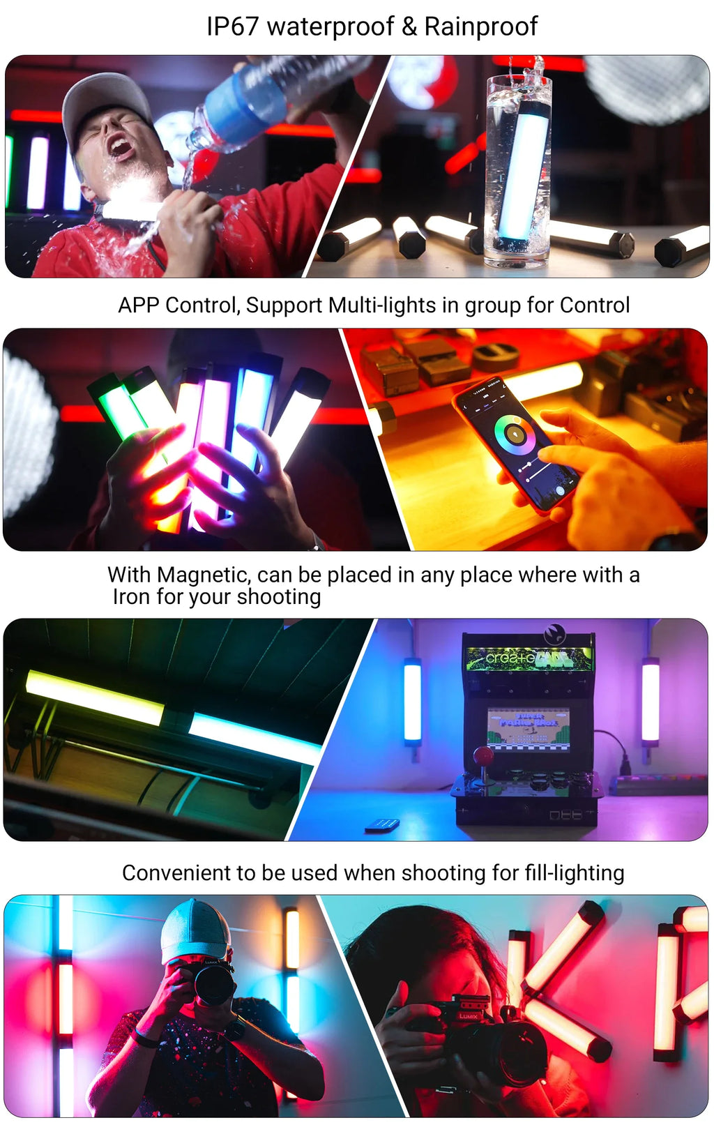 LUXCEO-luces de vídeo P200, lámpara de Control por aplicación de tubo RGB IP67, palo de iluminación LED para fotografía a prueba de lluvia para Tiktok/Vlog/grabación en vivo