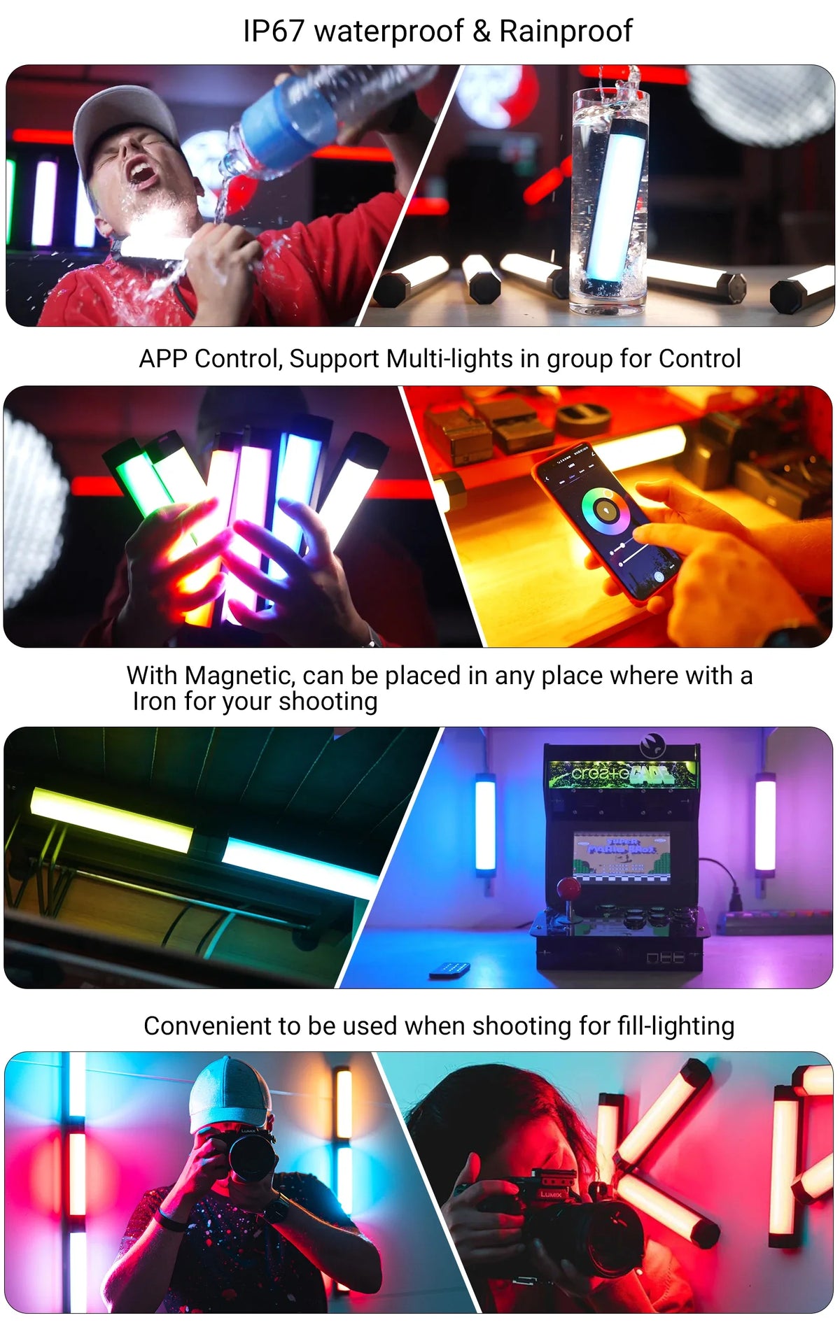 LUXCEO-luces de vídeo P200, lámpara de Control por aplicación de tubo RGB IP67, palo de iluminación LED para fotografía a prueba de lluvia para Tiktok/Vlog/grabación en vivo