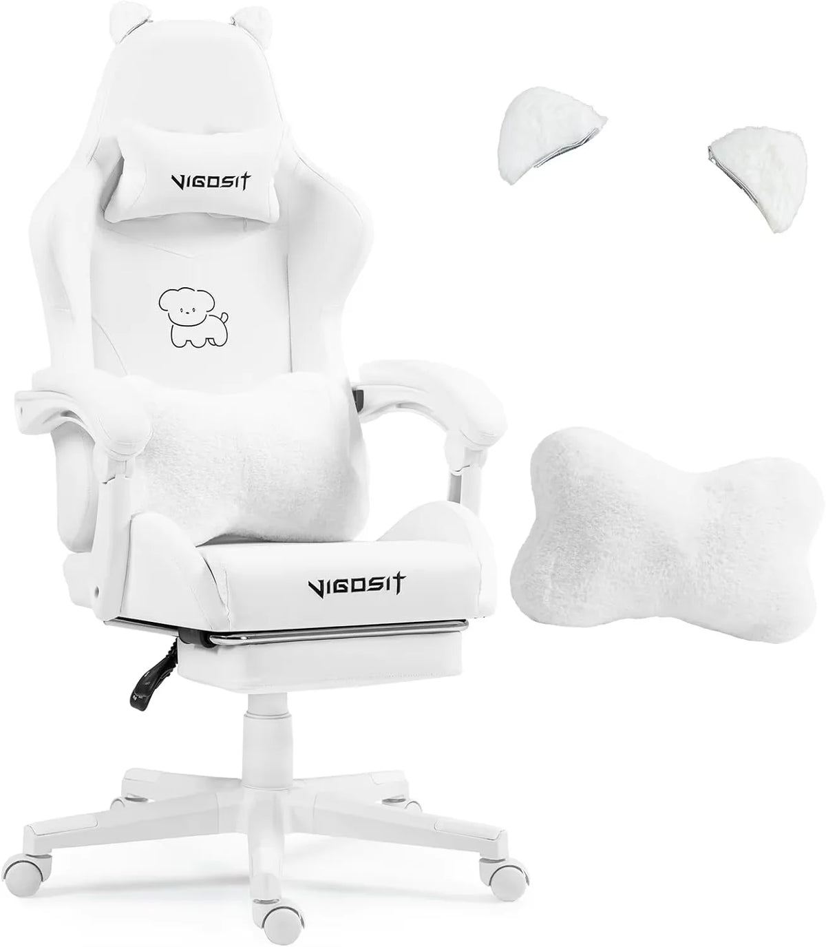 Silla gamer blanca con orejas de gato y almohadón lumbar esponjoso con cojines acolchados