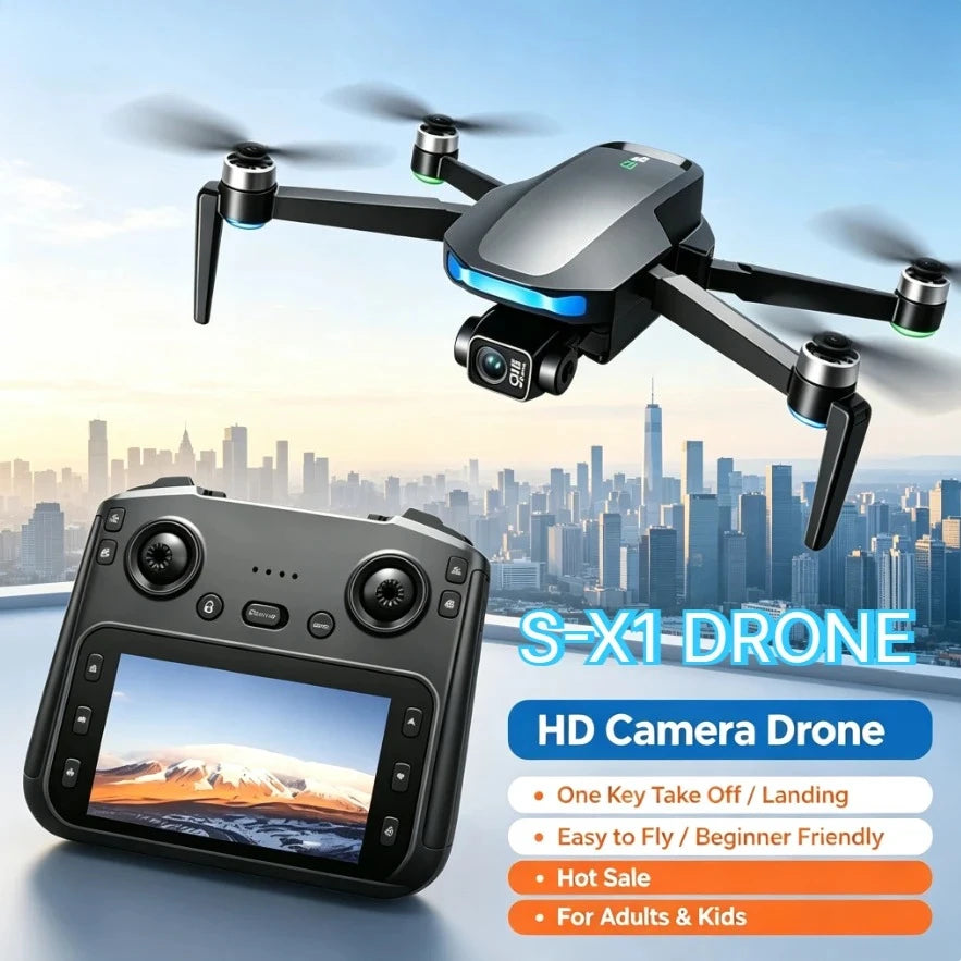 Dron gris con cámara y control remoto con pantalla LCD para vuelo