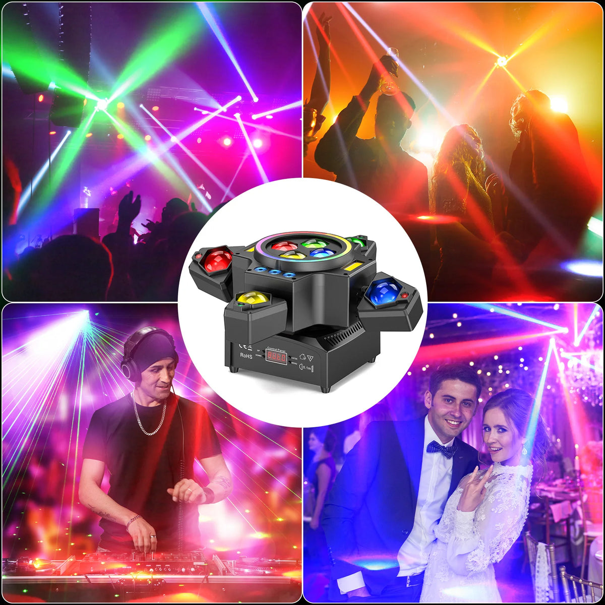 Luz de cabeza móvil Somspot 120W 4 en 1, luz de lavado RGBW, efecto de haz Bee Eye, luz láser con control remoto, luces de DJ para discoteca, fiesta, escenario, proyector de iluminación para conciertos, bodas, teatros, espectáculos en vivo, bares y clubes