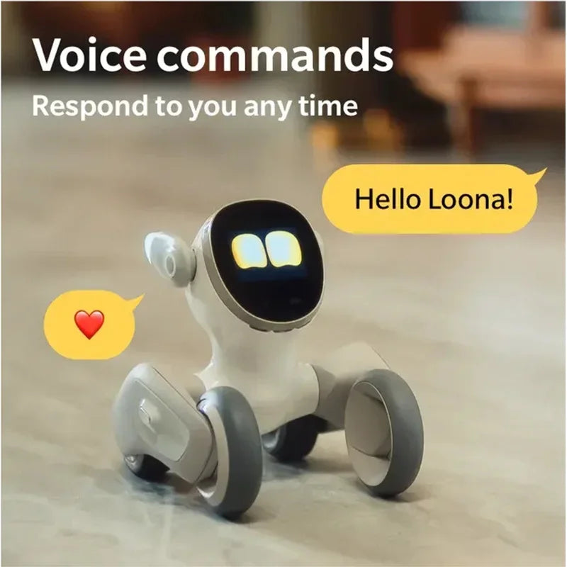 Robot perro parlante blanco y gris con ojos LED amarillos, postura baja