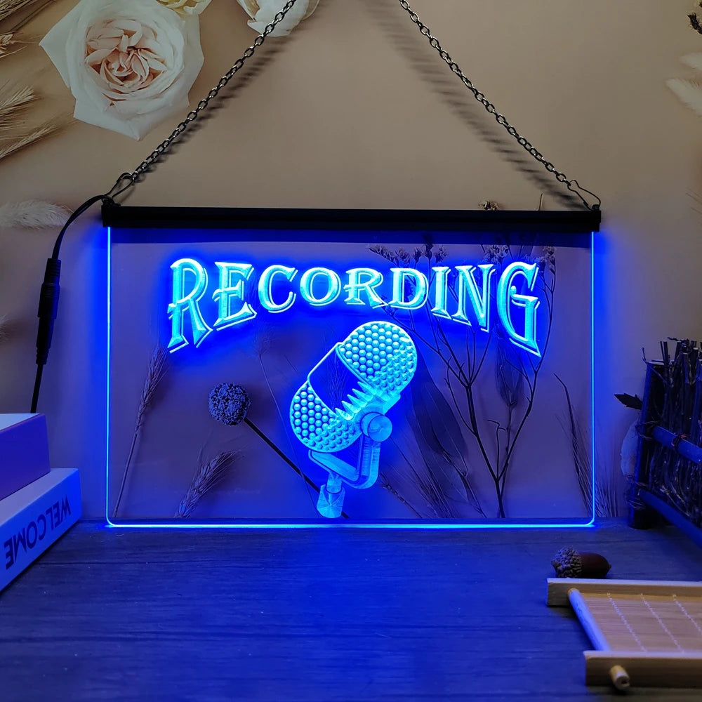 Letrero de neón LED rectangular colgante con texto «RECORDING» y micrófono, luz azul