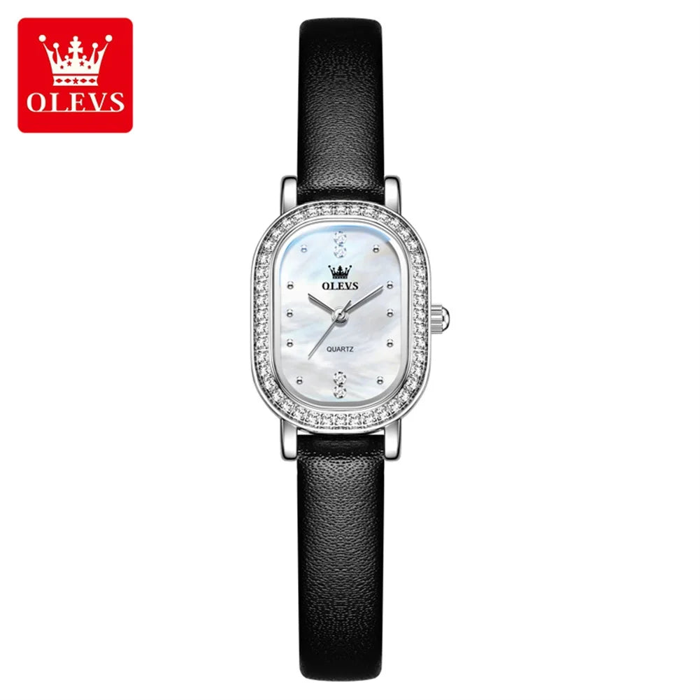 Reloj de pulsera para mujer OLEVS de lujo, diseño ovalado con bisel de cristal, cuarzo delgado, correa de piel y acero, elegante reloj multicolor 5697
