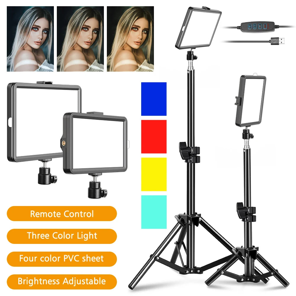 Panel de luz LED de 6 pulgadas para fotografía y video, kit de iluminación para estudio fotográfico con trípode, filtros RGB para grabación y transmisión en vivo.
