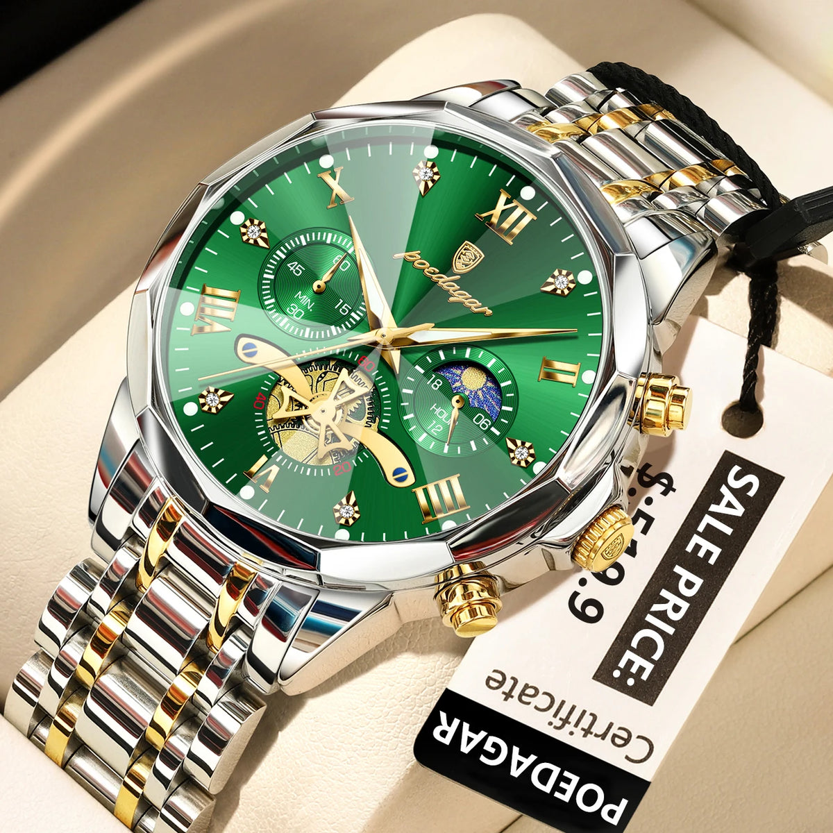 POEDAGAR Reloj de Lujo para Hombre, Reloj de Pulsera Cronógrafo Luminoso Impermeable Original Superior, de Acero Inoxidable, Relojes de Cuarzo para Hombre, Reloj