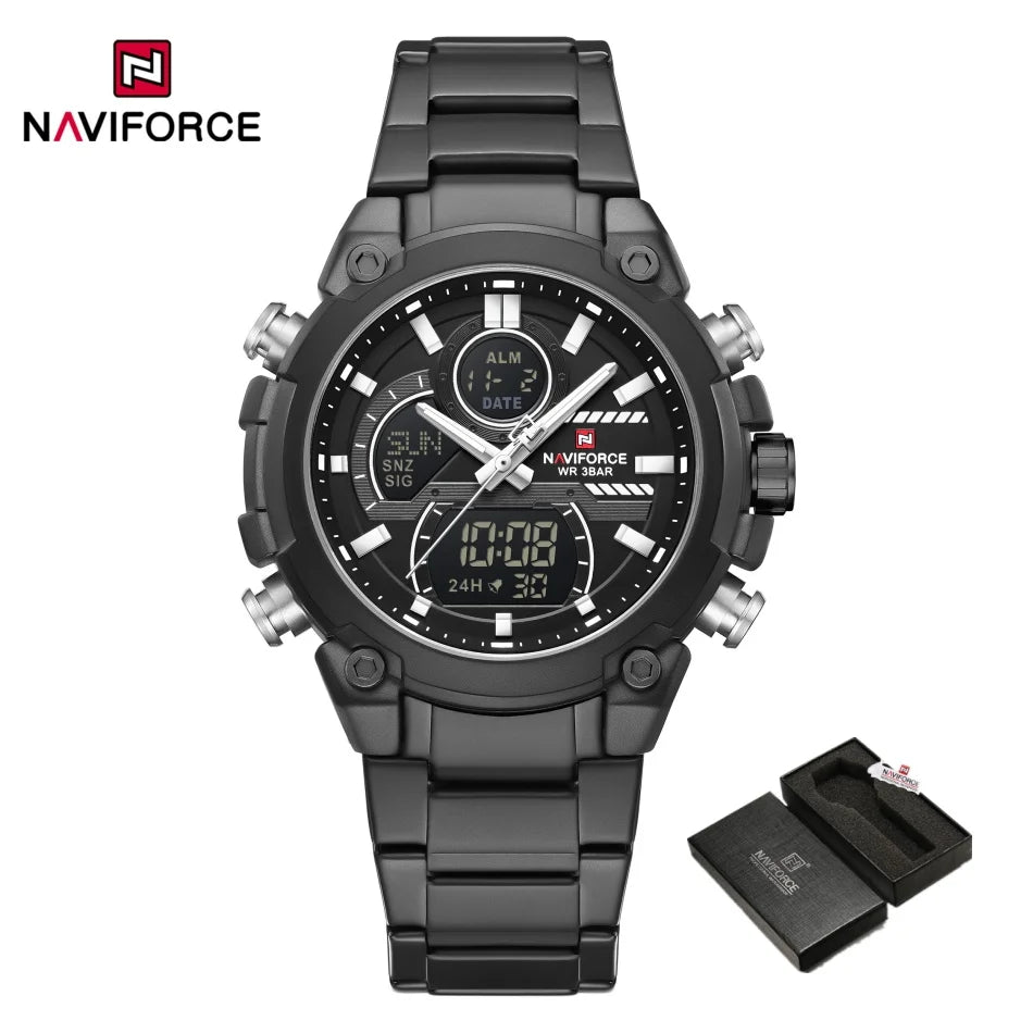 Nuevo reloj para hombre NAVIFORCE, resistente al agua, con cuenta regresiva, deportes, doble pantalla, reloj de pulsera de cuarzo, LCD, luminoso, alarma y reloj digital.