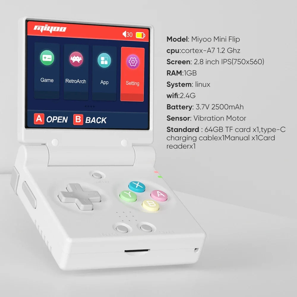 Consola de juegos portátil MIYOO MINI FLIP con pantalla IPS de 2.8'', sistema Linux, consolas de videojuegos, estuche gratis, doble joystick analógico, regalo para gamers.