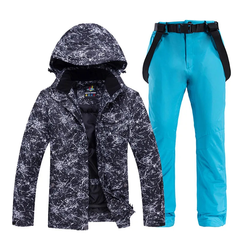 -30 Conjuntos de trajes de nieve blancos para hombres o mujeres Ropa de invierno al aire libre Ropa de snowboard Disfraces impermeables Chaqueta de esquí + Baberos de pantalón de nieve