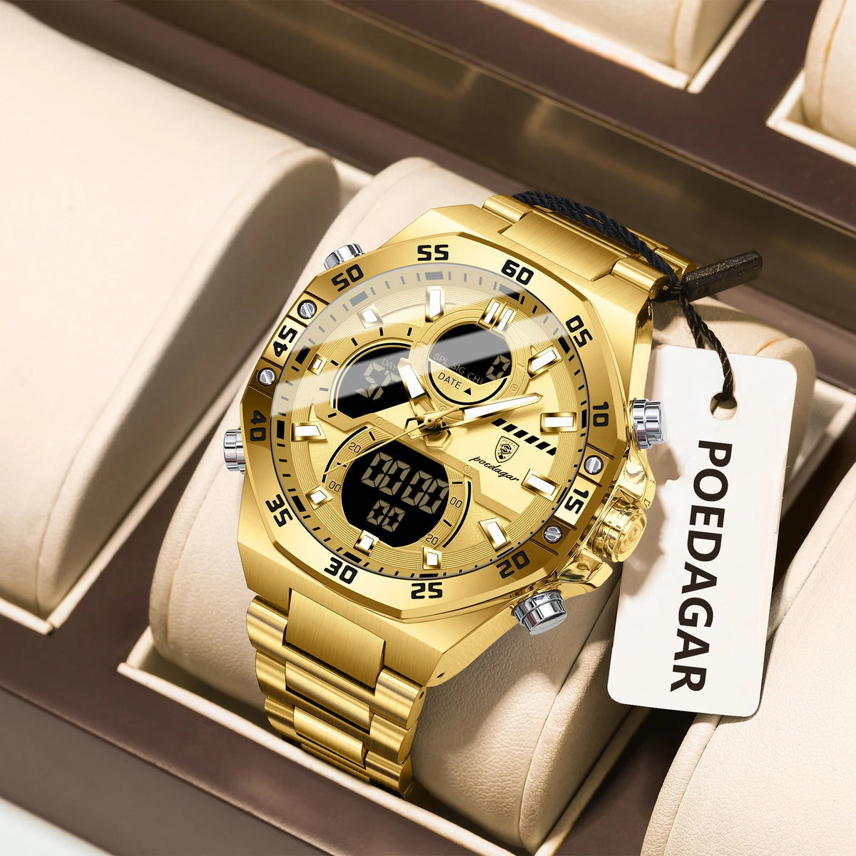 Reloj para hombre POEDAGAR de cuarzo, LED, luminoso, resistente al agua, con fecha y día, de acero inoxidable, a la moda, militar, digital.