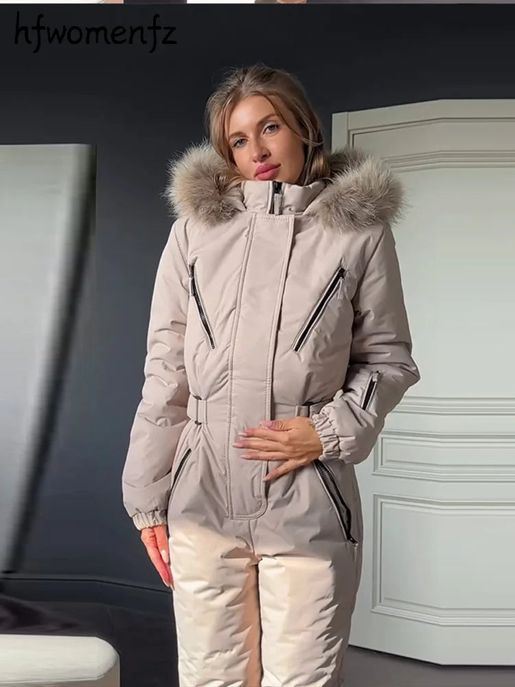 Mono de esquí de una pieza con capucha y parches de piel para mujer, estilo casual, con cinturón, manga larga, cierre de cremallera, mono liso, ropa de esquí para mujer, invierno 2026