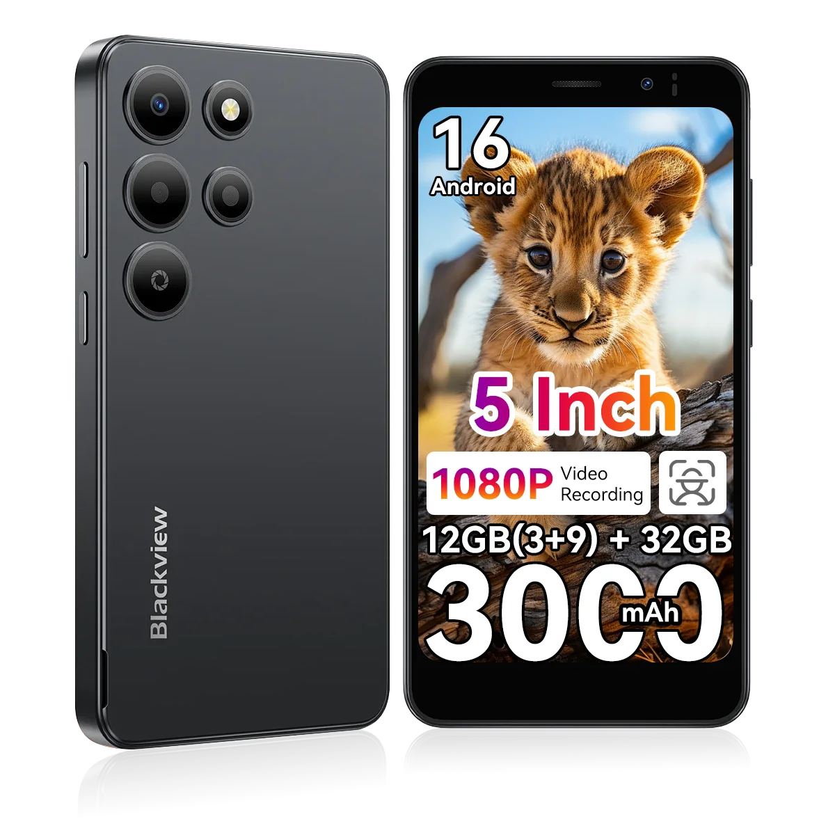 Blackview WAVE 2C Mini Palm Smartphone, 12GB Expand RAM(3GB Physical+9GB Virtual RAM) 32GB ROM, 5 Inch Small Screen, 1080P Video Recording, Android 16, Face Unlock, 3000mAh Battery, Google Lens, Free Soft TPU Protective Case