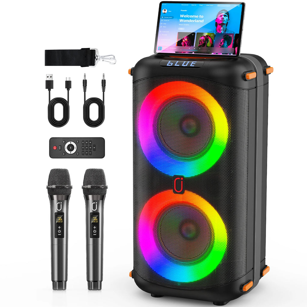 Altavoz inalámbrico Bluetooth T27, máquina de karaoke con 2 micrófonos, altavoz de karaoke para fiestas en casa con luz LED