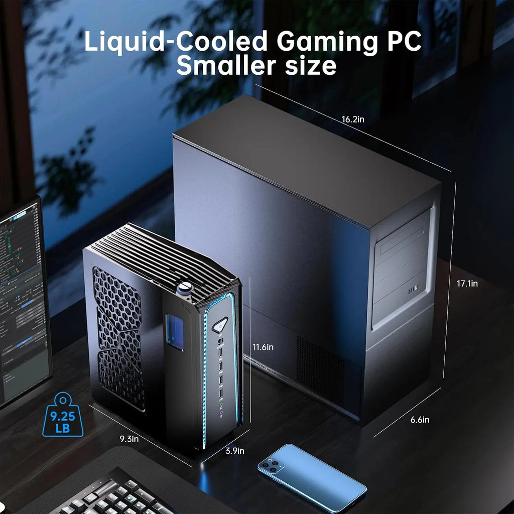 Mini PC Msecore con Refrigeración Líquida, Intel Core i9‑14900KF, GPU Dedicada RTX 5070, Windows 11, Computadora de Escritorio para Juegos, DDR5, NVMe SSD, WiFi6E, BT5.3