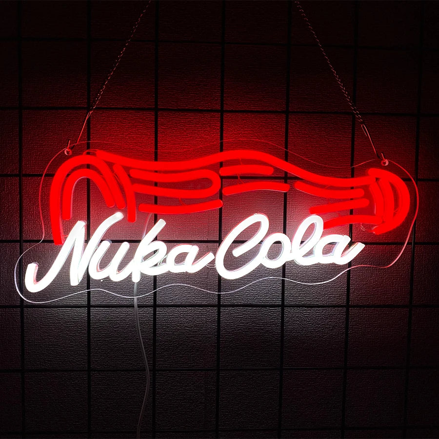 Señal de neón LED Nuka Cola con letras rojas y contorno luminoso