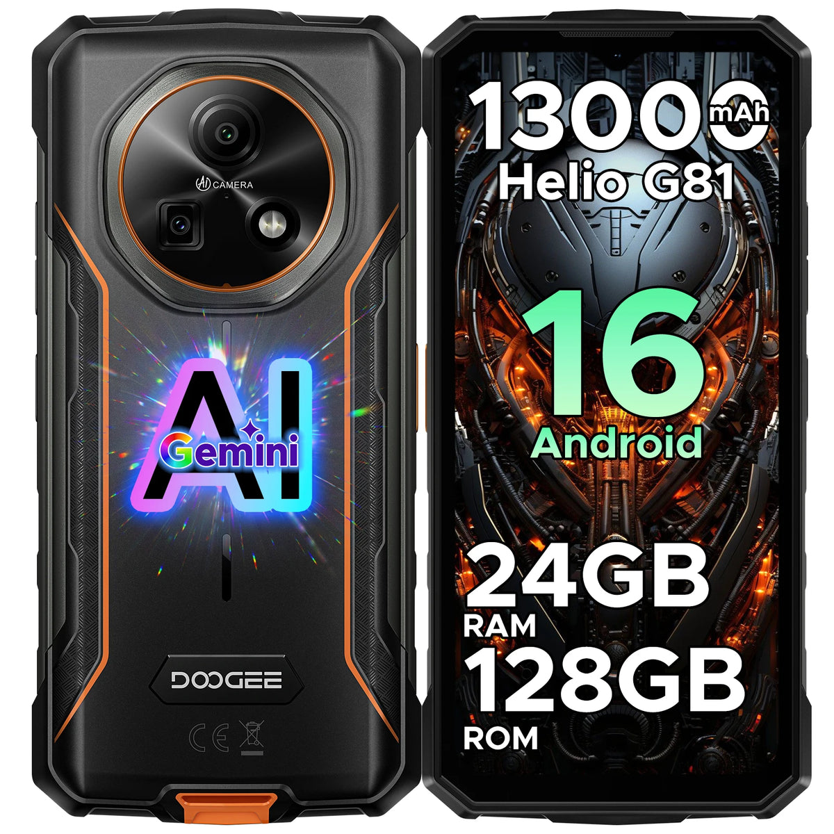 Smartphone rugerizado DOOGEE Fire 5 Pro, 24GB+128GB, pantalla HD+ de 6.6", batería de 13000mAh, Helio G81, 13MP+8MP, NFC, Android 16