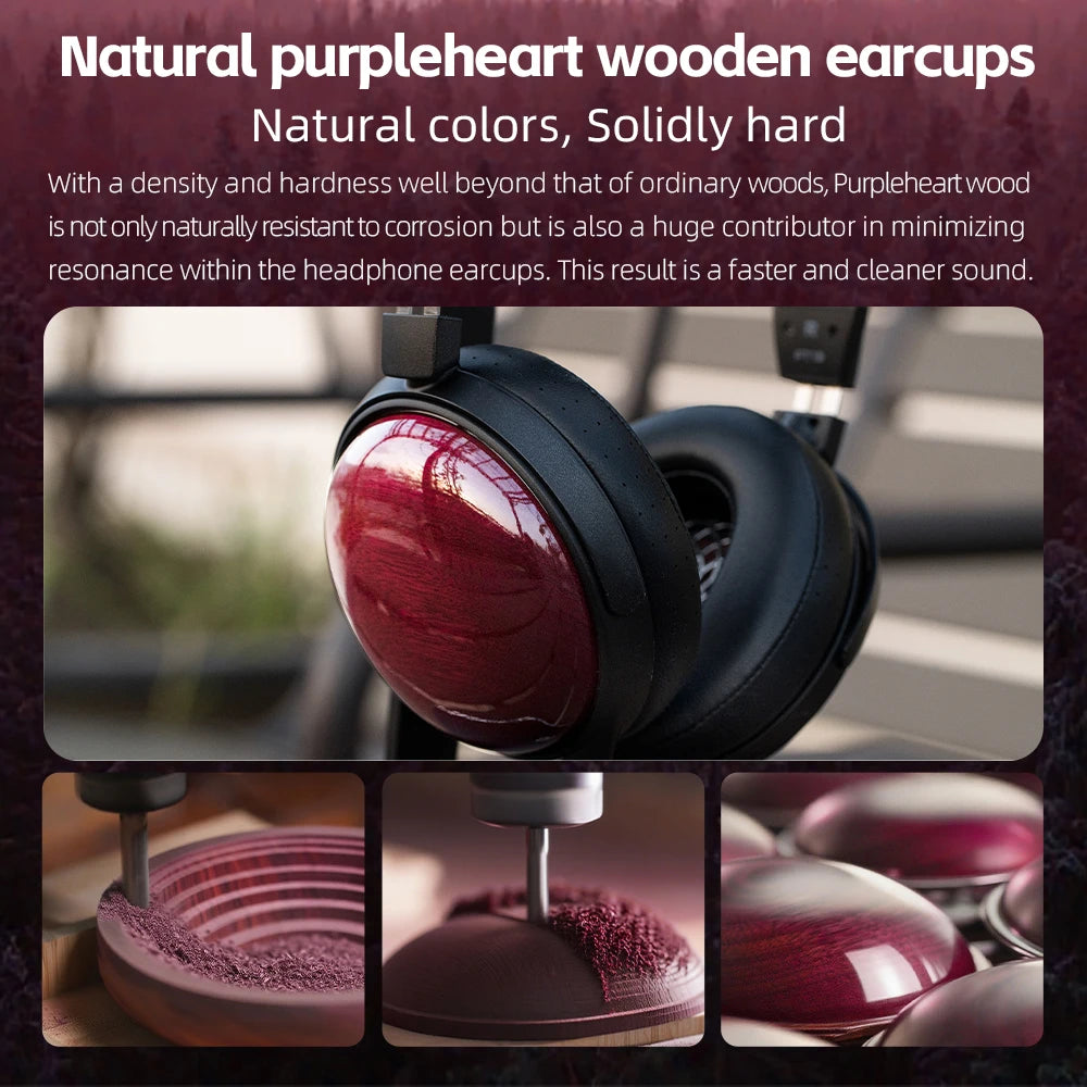 Copa de auricular de madera morada con aro negro y almohadilla, diseño cerrado