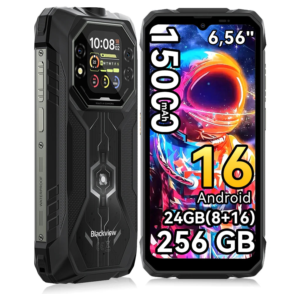 Smartphone robusto Blackview ROCK 1 [Cargador no incluido para la UE] Android 16 24GB(8+16GB) RAM 256GB ROM 6.56'' 90Hz 15000mAh 33W