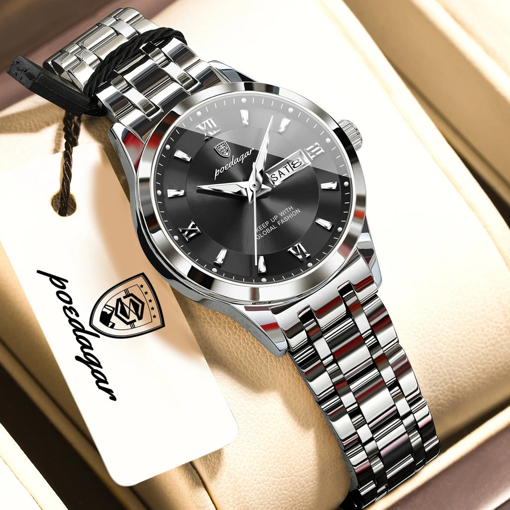 POEDAGAR Reloj de cuarzo de lujo para mujer, luminoso, de acero inoxidable, resistente al agua, con fecha y día, reloj de moda para mujer