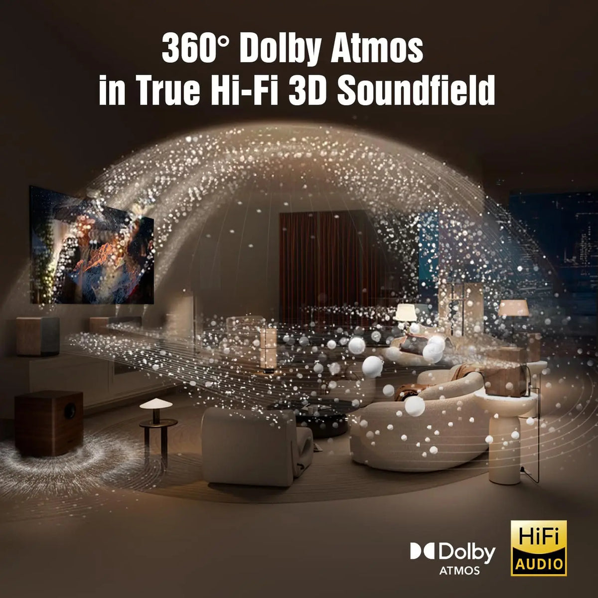 Efecto 360° Dolby Atmos con ondas de sonido alrededor de la sala