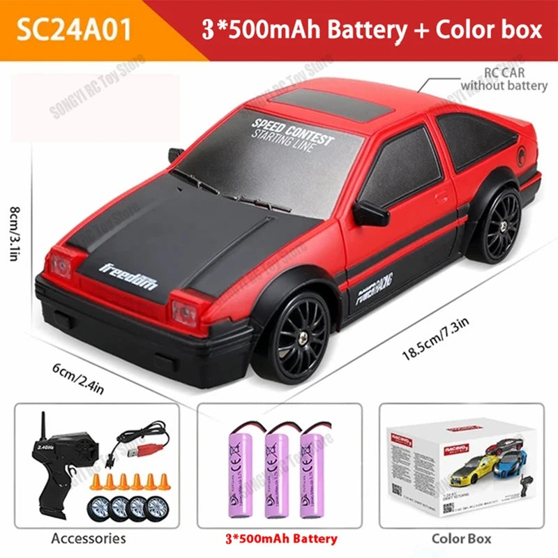 Coche RC derrape rojo 1:24 con baterías y caja de color