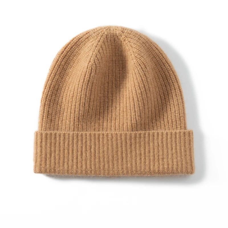 Gorro de Punto KOIJINSKY para Mujer, Otoño Invierno, 35% Cachemira, 65% Lana Merino, Diseño de Canalé Vertical, Color Sólido, Borde Enrollado Elástico y Suave