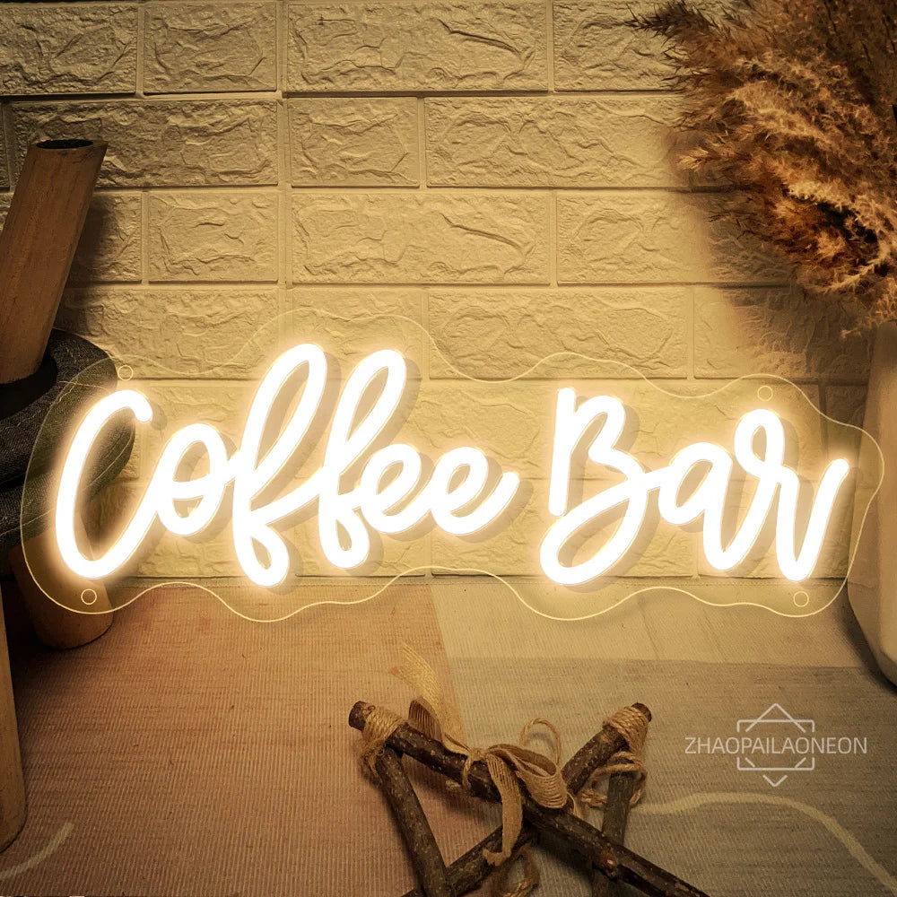 Letrero LED de neón con texto «Coffee Bar» en blanco