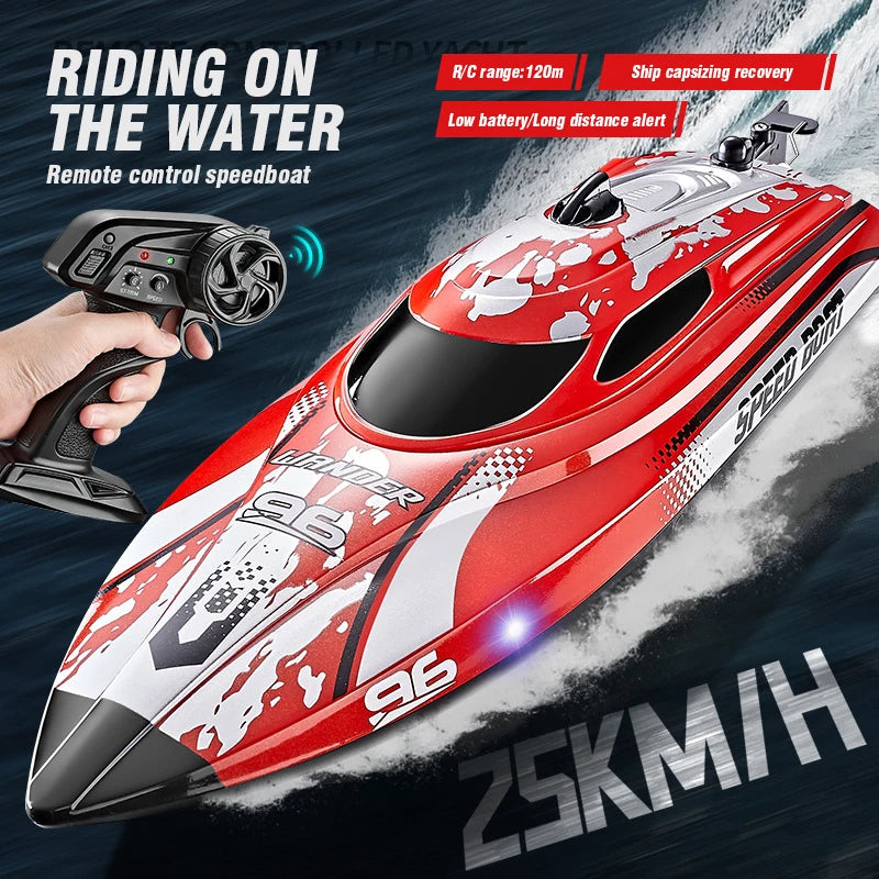 Lancha rápida RC de 25 km/h, barco teledirigido impermeable con advertencia de batería baja y luz, juguete acuático de radiocontrol, regalo para niños