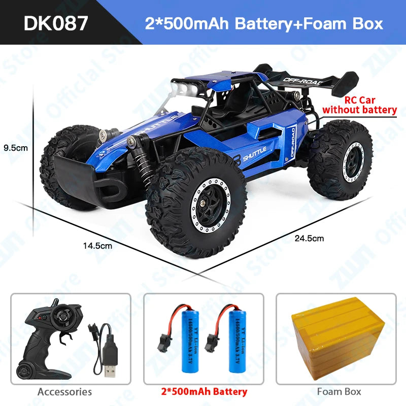 Vehículo RC 2WD azul DK087 con ruedas grandes, accesorios y batería en caja