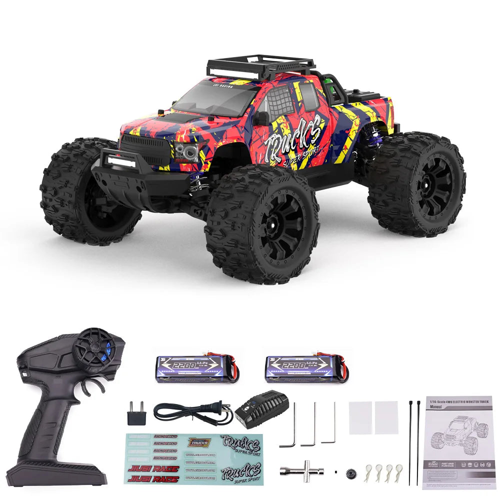Conjunto de camioneta RC todoterreno roja con control remoto y baterías