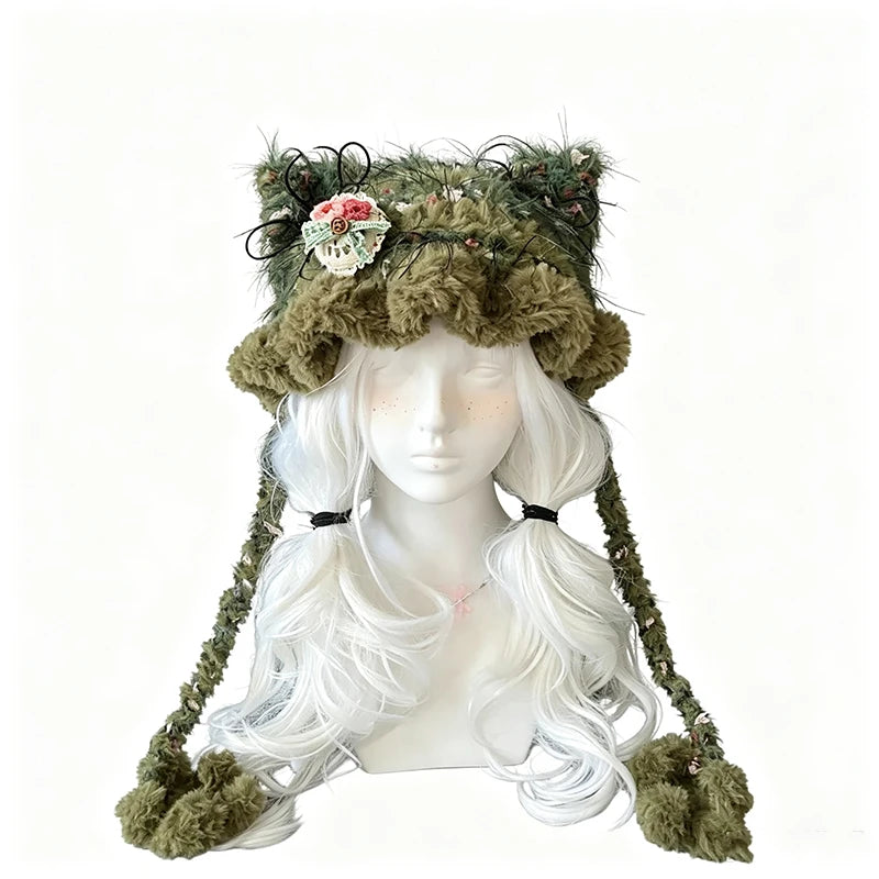 Gorro de Orejas de Zorro Verde Musgo Hecho a Mano Personalizado para Mujer, Gorro de Punto Floral de Felpa, Gorro de Invierno Cálido Estilo Goblincore para Hombre