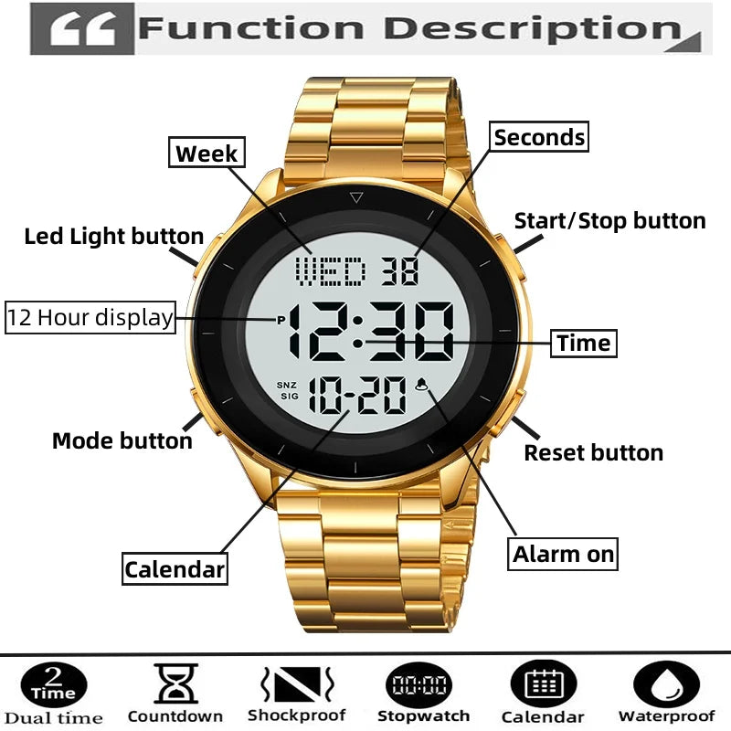 Reloj de pulsera digital LED con doble zona horaria Skmei, correa de acero de lujo, resistente al agua 3Bar, reloj deportivo militar para hombre con alarma