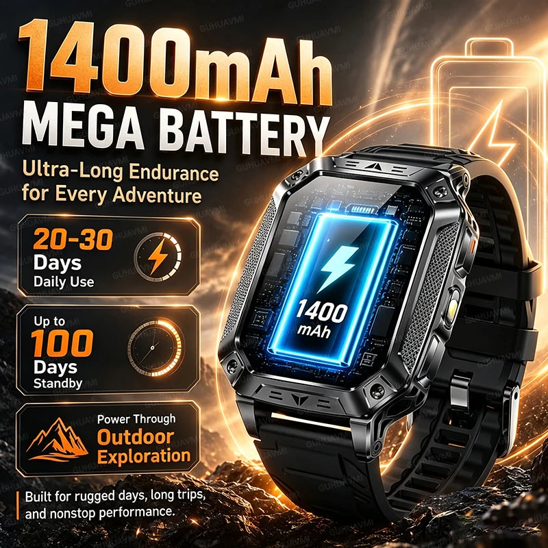2026 HOT Upgraded Military Smart Watch Possess1400mAh Battery Capacity Outdoor IP68 Waterproof SOS Red And White LED Flashlight 100+Sport HD Call 2.01 inch Screen Watch