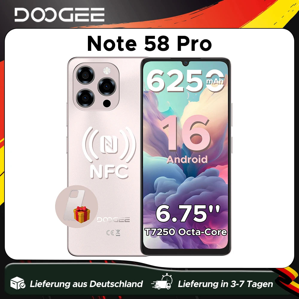 Versión Global DOOGEE Note58 Pro Smartphone Pantalla 6.75" HD+ 32GB(8+24) 256GB Batería 6250mAh NFC Teléfono Móvil Android 15
