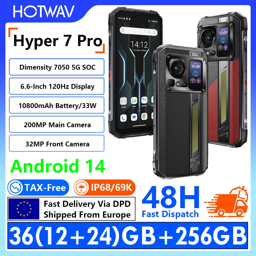 [Enviado desde Europa] Teléfono resistente HOTWAV Hyper 7 Pro 5G, pantalla FHD+ de 6,6 pulgadas y 120 Hz, 36 GB (12+24) de RAM + 256 GB de ROM, Dimensity 7050 5G, batería de 10800 mAh, carga rápida de 33 W, cámara de 200 MP + 32 MP, Android 14, NFC