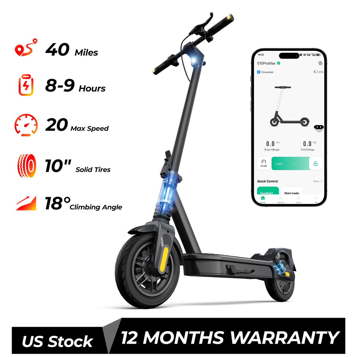 Patinete eléctrico plegable con neumáticos macizos de 10" y control en app (teléfono).